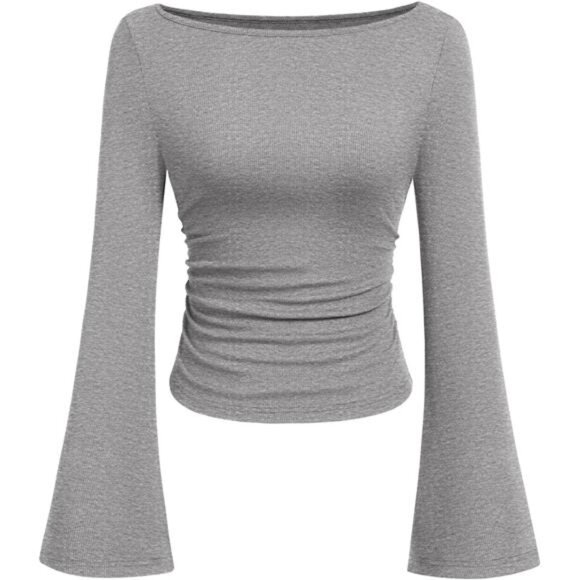 Women's Long Sleeve Shirts Crop Tops Grey - Picture 1 of 6